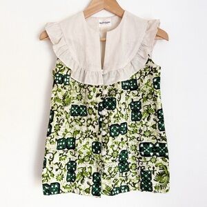 NEW Vtg 70s Liberty House Hawaii Green Beige Floral Batik Button Blouse Ruffle 5